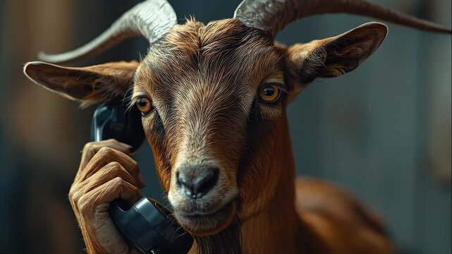 Caprine creature holding vintage telephone, curious expression