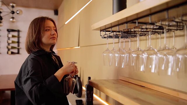 Sommelier preparing for a wine tasting event, selecting stemware from a rack in a restaurant or winery setting