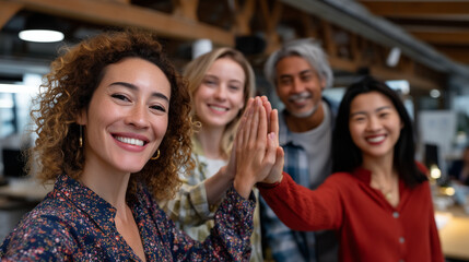 Obraz premium Group of diverse coworkers in open office acknowledging stress together, natural daylight, multicultural team, candid documentary feel