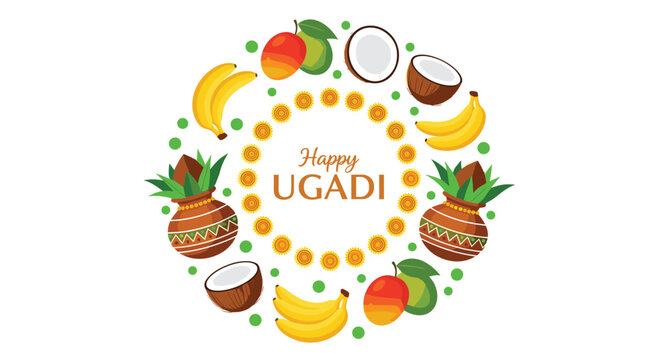 Happy Ugadi greeting card featuring a circular arrangement of traditional fruits including mango coconut banana and a pot for the festival.