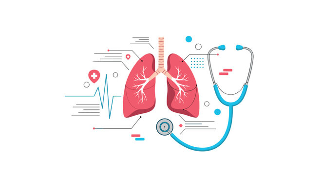 Medical illustration of human lungs with a stethoscope and health monitors for lung disease awareness or medical checkup concepts.