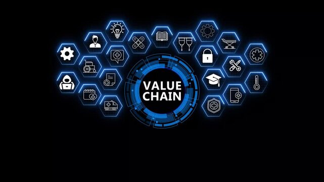 Futuristic Digital Interface with Expertise Concept, Healthcare, Technology and Value Chain Icons Animation .4k Animation Video