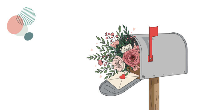 Vintage grey mailbox overflow with a colorful flower bouquet and an envelope featuring a small red heart for a romantic message.