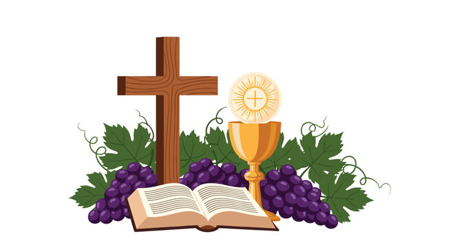 Collection of Christian religious symbols including a wooden cross, open bible, golden chalice, and purple grapes.