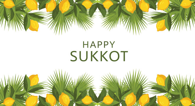 Happy Sukkot border design featuring green palm tree leaves and yellow lemons known as etrog on a clean white base.