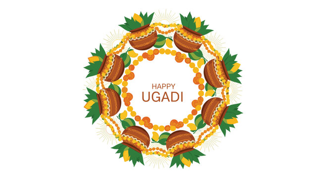 Traditional Ugadi festival wreath featuring clay pots with mango leaves and marigold garlands for the Hindu New Year.