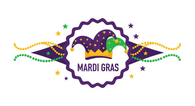 Decorative Mardi Gras emblem with a purple and green jester hat golden beads and colorful stars for carnival season.
