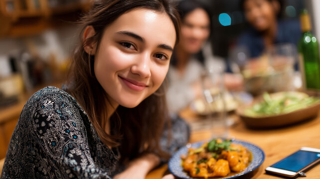 Language immersion student practicing conversation with homestay siblings at dinner table laden with regional cuisine while phrasebook and translation app assist communication atte