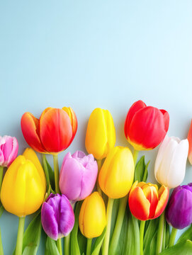 lay of tulip stems aligned parallel on a blue background, creating geometric repetition and visual rhythm, with copy space left intentionally for text placement. tulip, stems, aligned, parallel, 