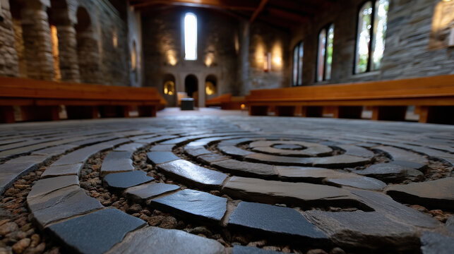 Barefoot pilgrims walk labyrinth pattern inlaid in ancient abbey floor, single shaft of light from clerestory window illuminates center point, worn stones show centuries of footste