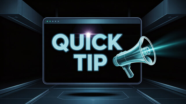 Futuristic digital display showing "QUICK TIP" text with a glowing blue megaphone in a high-tech environment.