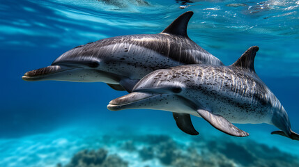 Fototapeta premium Underwater view of Atlantic spotted dolphin mother and calf swimming in synchronized motion, clear ocean water revealing social bond, marine mammal family dynamics in natural habit
