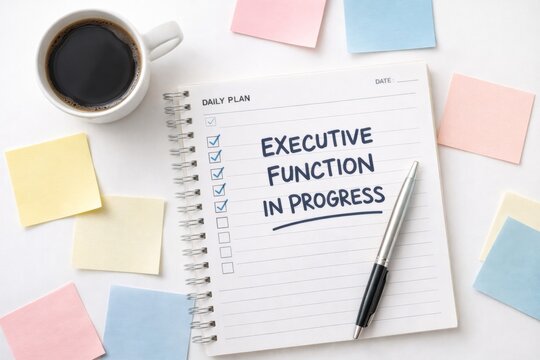 Daily planner with a pen and coffee cup symbolizes ADHD executive function challenge