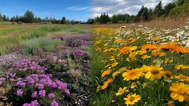 Native wildflower meadow transformation project showing before-after sections, restored butterfly habitat with multiple species feeding on blooms versus barren lawn, successful eco