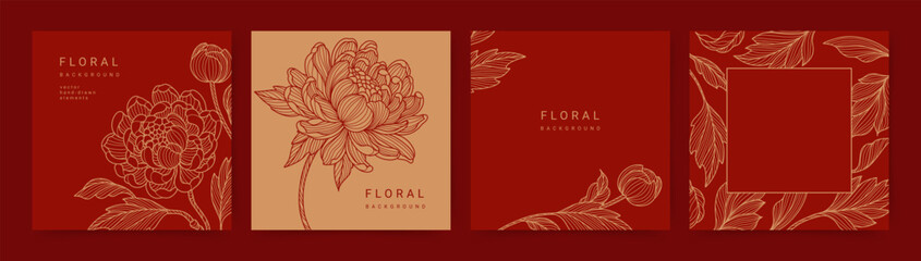 Elegant luxury red background with hand drawn flower pattern. Floral frame. Vector templates for wedding invitation, greeting card, packaging, branding, design, social media post   © Feodora_21
