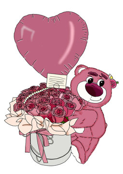 A pink rose flower box combined with pearls on top of the flowers, heart-shaped balloons and a Lotso doll beside it.heart shaped box