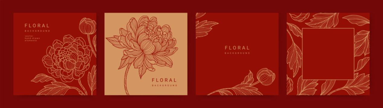 Elegant luxury red background with hand drawn flower pattern. Floral frame. Vector templates for wedding invitation, greeting card, packaging, branding, design, social media post 	