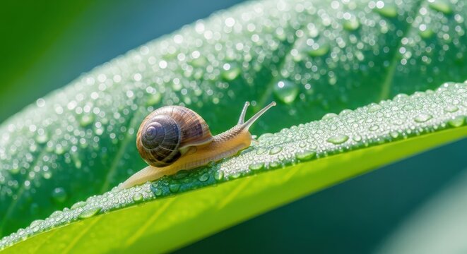 A common garden snail slowly navigates a thick, vibrant green leaf covered in morning dew, showcasing nature's slow pace and delicate macro beauty in the wild, garden, plant, shell