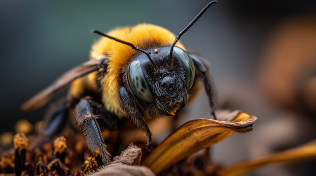 Extreme close-up of carpenter bee on withered sunflower, documenting pollinator decline in agricultural setting, overcast sky creates moody atmosphere highlighting environmental co