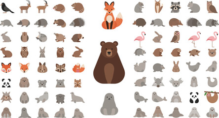 Cute Animal Characters Vector Illustration Set Featuring Bear, Fox, Rabbit, Owl, Flamingo, Seal, and Many Small Wildlife Animals in Flat Cartoon Style. © MstSuborna