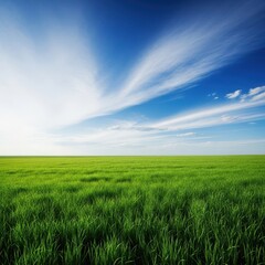 Obraz premium A wide angle view of an immense, lush green grass prairie stretching to the horizon under a massive blue sky with scattered white clouds, ecology, background, agriculture
