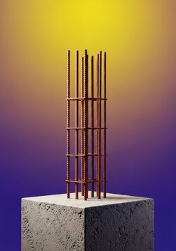 Heavy concrete base with steel reinforcement bars extending upward, showing the crucial starting point for durable engineering and structural strength, framework, pillar, steel
