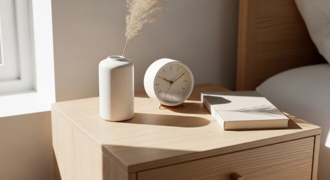 Minimalist bedside table with alarm clock and vase in morning sunlight.