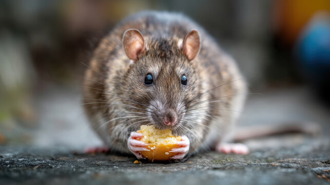 A rat is eating fast food leftovers in the street