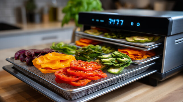 Dehydrator trays filled with thinly sliced vegetables and fruit leather in minimalist kitchen with timer display and mesh screens visible, perfect for raw food preparation, nutrien