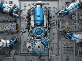 Fototapeta premium Robotic arms meticulously assembling a complex mechanical engine