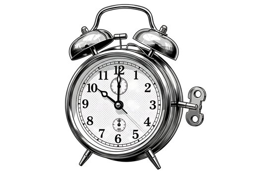 A black and white drawing of an old fashioned alarm clock