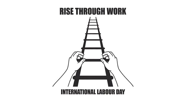 Black and white illustration of hands holding a ladder for international labour day