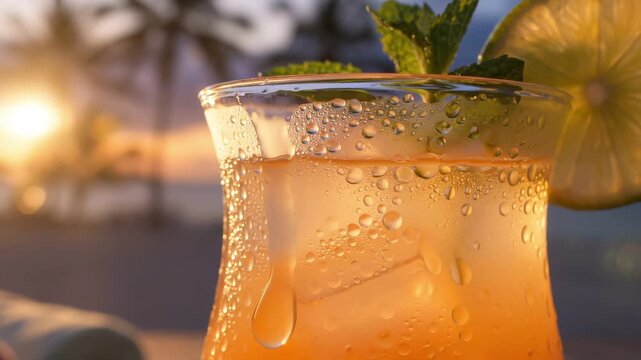 Refreshing Tropical Drink Close-up at Sunset with Palm Trees and Ocean View