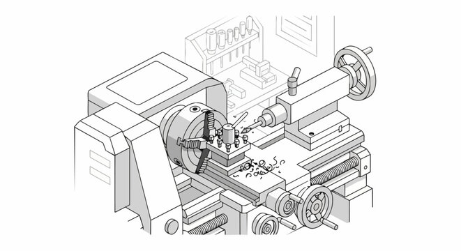 Isometric Line Art Illustration of an Industrial Metal Lathe Machine in a Workshop