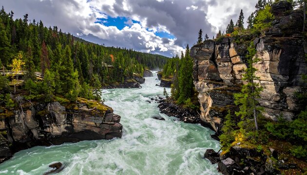 Rushing river through a rocky canyon, framed by evergreen trees under a cloudy sky; aerial perspective
