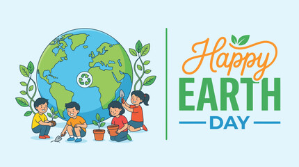 Fototapeta premium Children celebrate Earth Day by planting trees around a globe, with a cheerful Happy Earth Day banner.