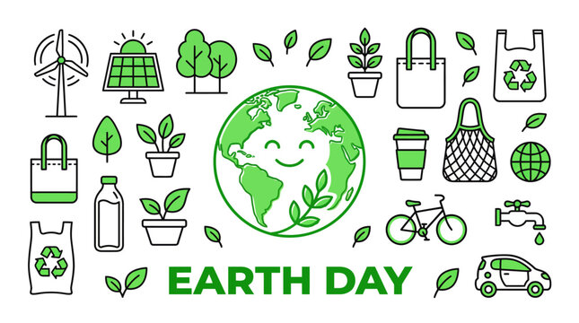 Earth Day eco icons: globe with green energy surrounded by trees, wind turbines, recycling, sustainable living and green lifestyle illustrations