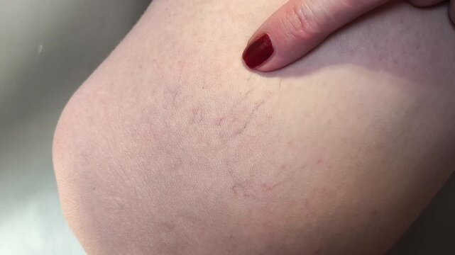 A spider vein on a woman's leg near the knee. Cardiovascular diseases. Varicose veins
