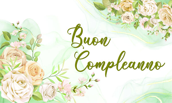 Un biglietto o uno striscione di auguri di buon compleanno in verde su sfondo bianco e verde, con fiori beige e rosa ai lati.