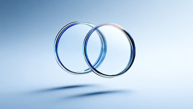 Two interlocking transparent rings with blue accents against a light blue gradient