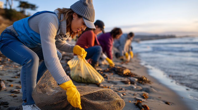 Beach cleanup volunteers collect microplastics along empty predawn shoreline, diverse team filling mesh bags with debris while seabirds gather near waterline in soft morning light,