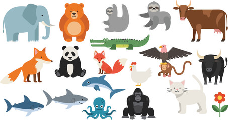 Fototapeta premium Cute Animals Collection with Elephant, Bear, Sloth, Fox, Panda, Crocodile, Monkey, Shark and More Flat Vector Cartoon Illustrations for Kids Design Projects.