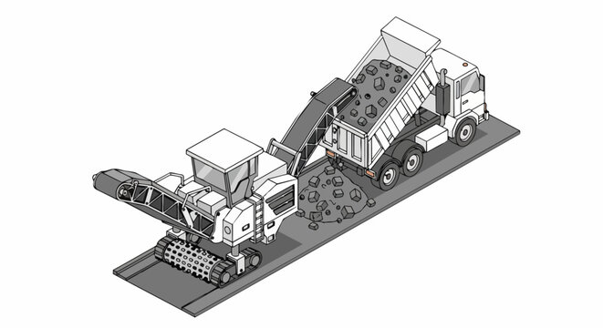Isometric Asphalt Milling Machine Loading Road Waste into Dump Truck