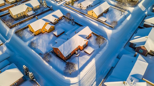 aerial view of residential community in winter after snow under sunlight