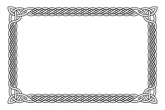 An intricate black and white celtic knotwork border forms a rectangular frame displaying complex interwoven patterns