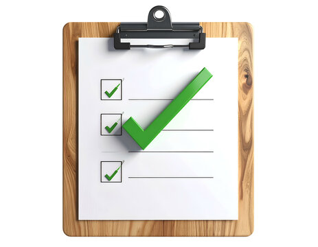 Clipboard with checklist, three green checkmarks on white paper