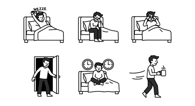 Man's daily routine waking up feeling tired getting out of bed drinking coffee and sitting on bed with clocks