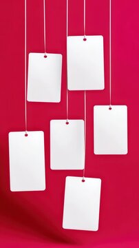 Swinging blank price tags against a red background