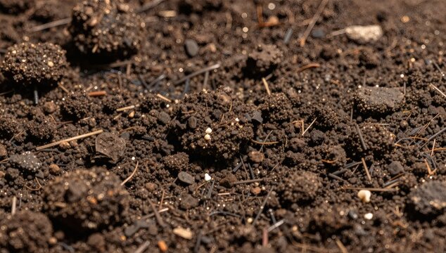 Macro shot of soil showing small pebbles and plant debris in an outdoor environment