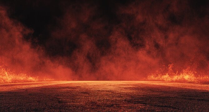 Fiery inferno engulfs a desolate, scorched ground